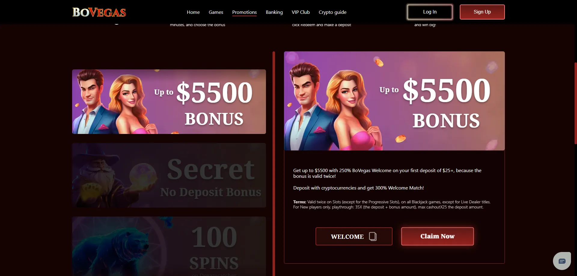 Bovegas Casino welcome bonus up to 5500 dollars plus free spins
